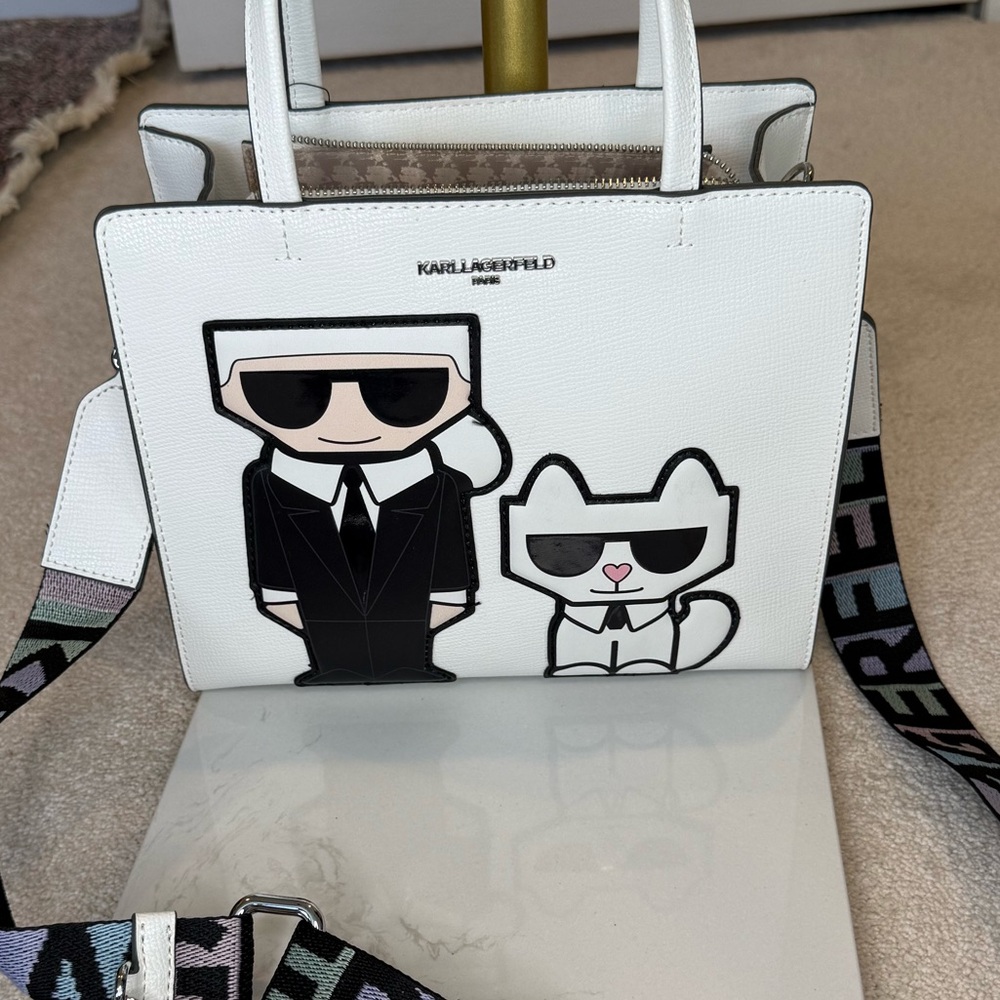 NWT Karl Lagerfeld Paris Maybelle Crossbody Bag White Faux Leather Patch - Picture 2 of 11